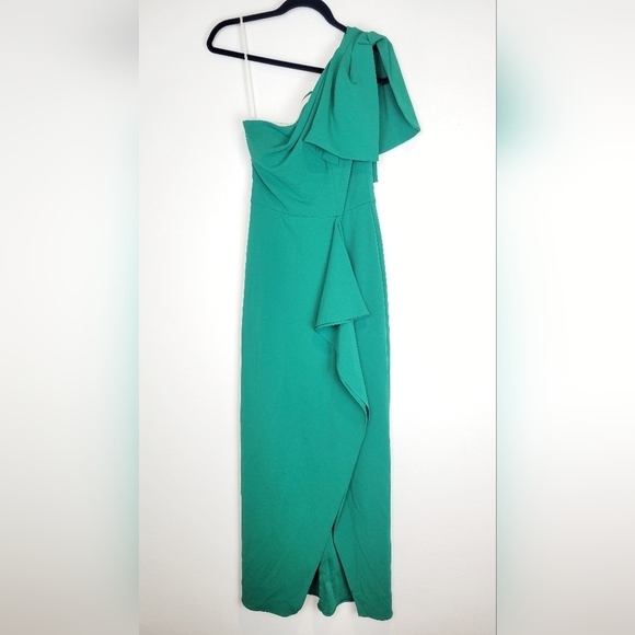 NWT Aqua Bloomingdales Bow One Shoulder Column Gown in Green Sie 4 - Picture 2 of 10